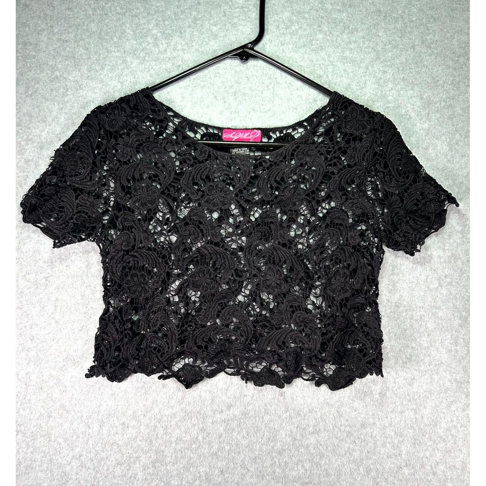 Say What? Crochet Crop Top Women's Small Black Short Sleeve Scoop Neck Pullover